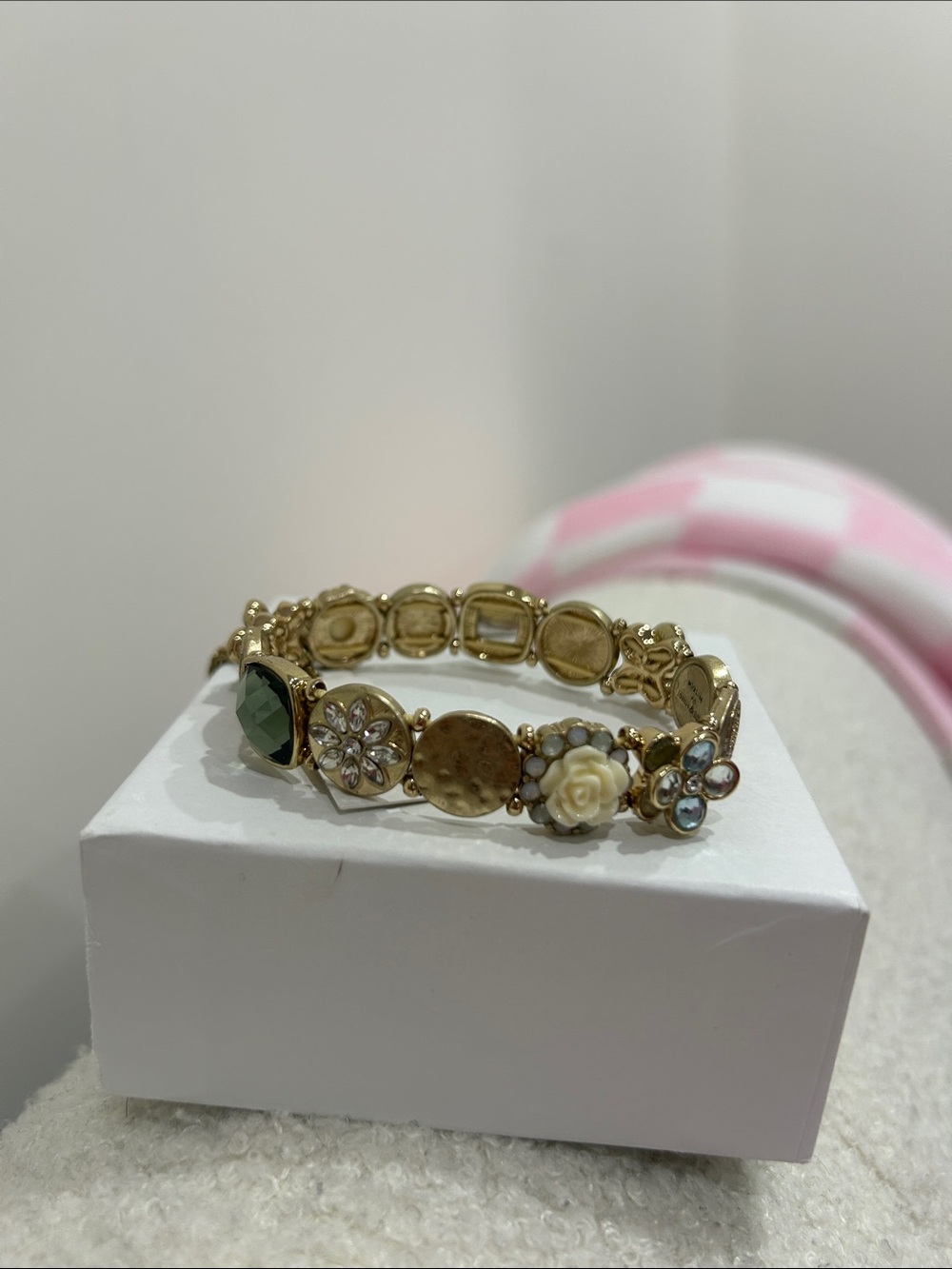 lonna & lilly Gold-Tone Stretch Bracelet with Green Stone & Cream Rose
